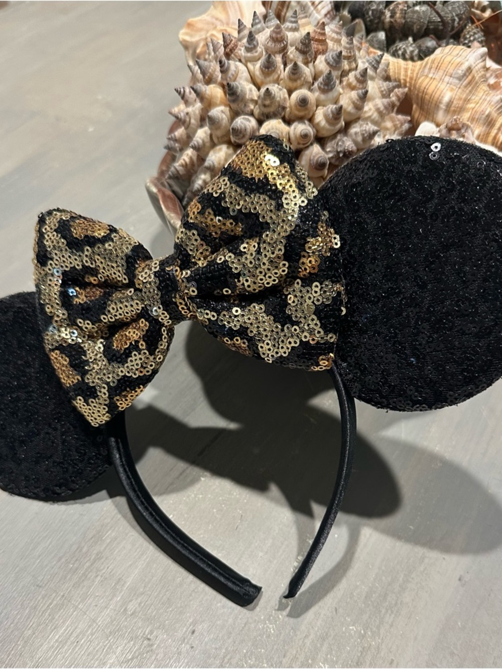 Sequin Leopard Bow Minnie Mouse Ears Headband - Black & Gold